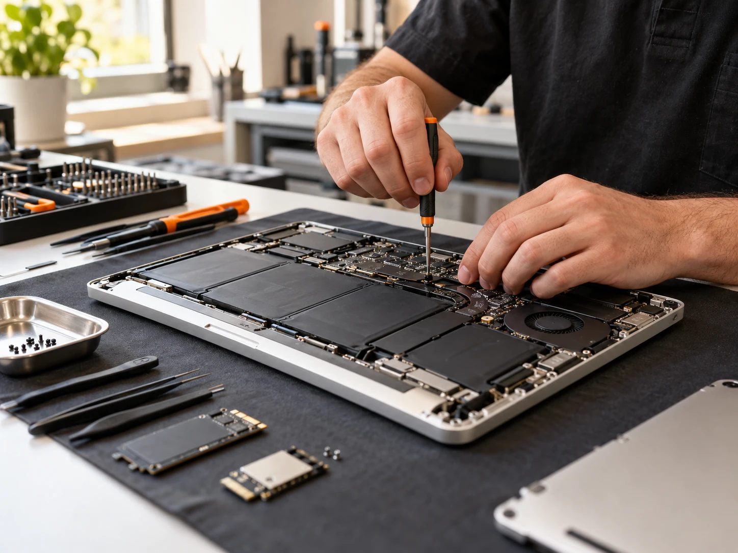 Imagen ilustrativa de una reparación de notebook con herramientas de precisión
